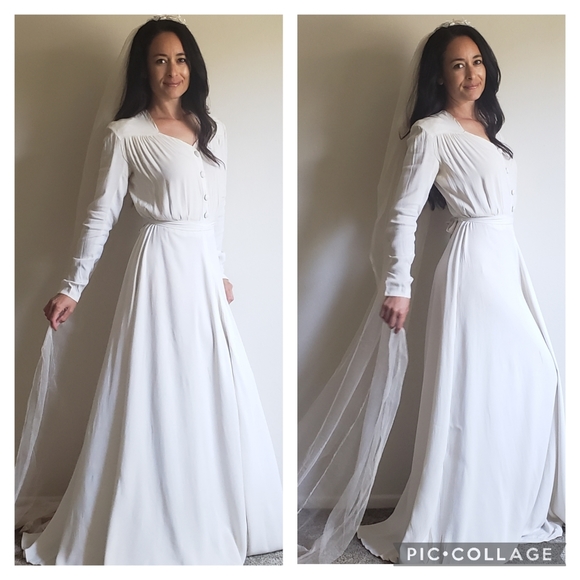 1940s Vintage Bridal Wedding Gown Dress Veil Belt - Picture 5 of 14